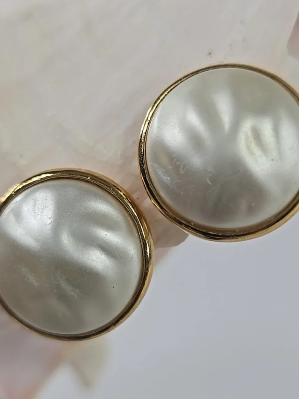 VINTAGE Trifari Gold Tone Faux Pearl Clip‑On Earrings Round Classic Signed......